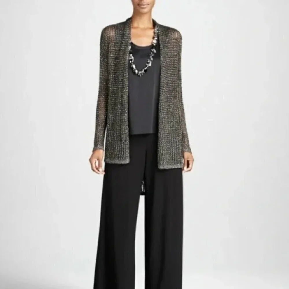 Eileen Fisher Open Knit Metallic Cardigan Sweater Duster Lightweight Long Sleeve